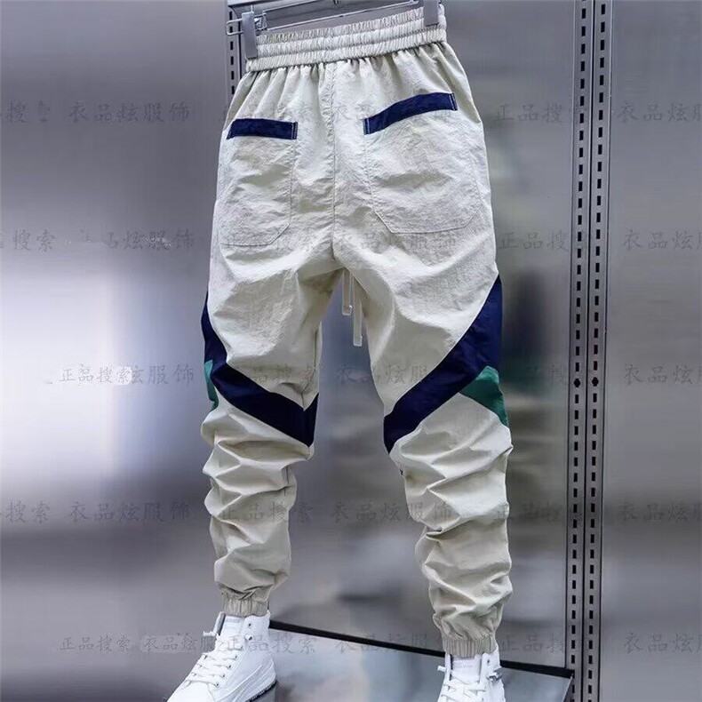 夏季薄款男士拼色束脚休闲裤密松百搭松紧腰拼接小脚潮流哈伦裤子图片