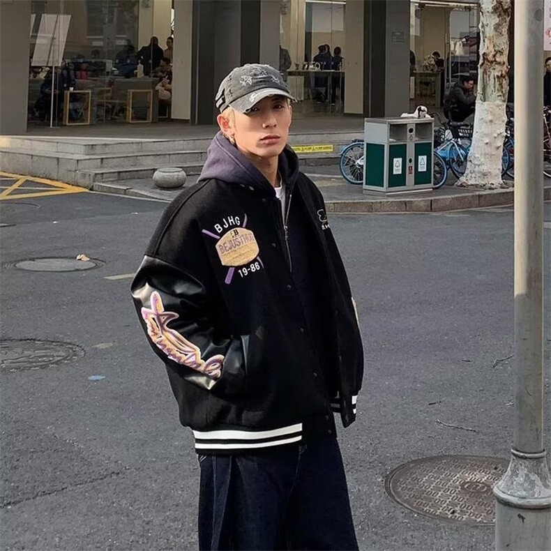 皮袖刺绣棒球服夹克百搭简约气质慵懒流行新款时尚潮HH164P70,男装夹克,星座1013-5
