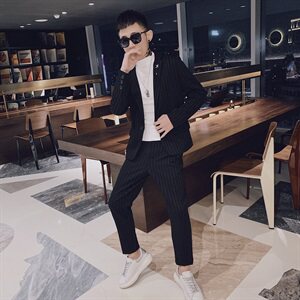春款社会风小伙休闲商务条纹修身西服西装两件套装D969-P165控205图片