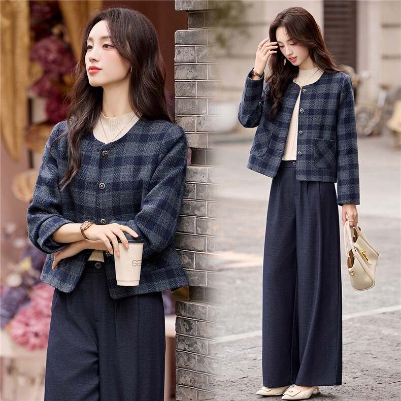 2025秋装新款简约时尚格纹外套阔腿裤两件套，女装套装/套裙，芭米依尚