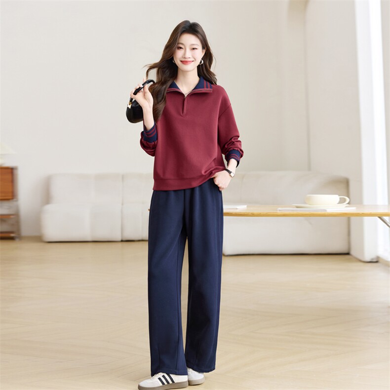 长期有大货套装女2026春装新款半拉链阔腿裤穿搭一整套妈妈两件套，女装套装/套裙，璐依舞