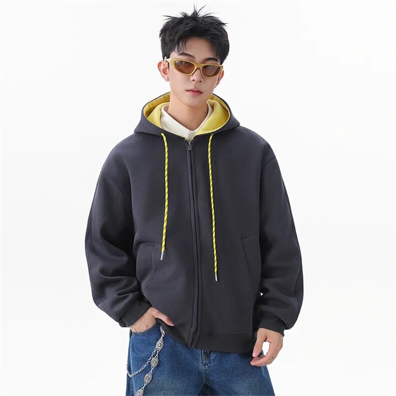 抖音得物二开美式高街重磅结构双层撞色连帽卫衣开衫外套W116，男装卫衣，电商A486