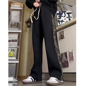 白花灰拼接三条杠运动卫裤男款秋季重磅迷彩条纹裤子美式休闲长裤图片
