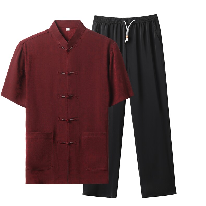 主推唐装中老年中式立领短袖套装夏装男风汉服爷爷装短袖套装,男装中老年男装,钱塘723