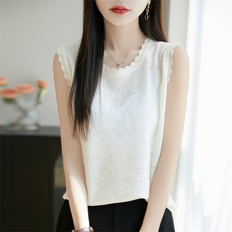 25夏季天丝精纺羊毛t恤女圆领薄款针织吊带背心钩花镂空无袖上衣，女装针织衫/毛衣，唐诺