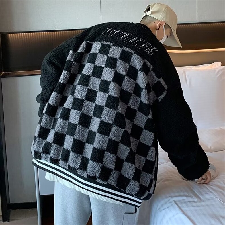 美式ins复古棋盘格套男秋冬刺绣羊羔绒外套HY79P60,男装棉衣,星座1116-2