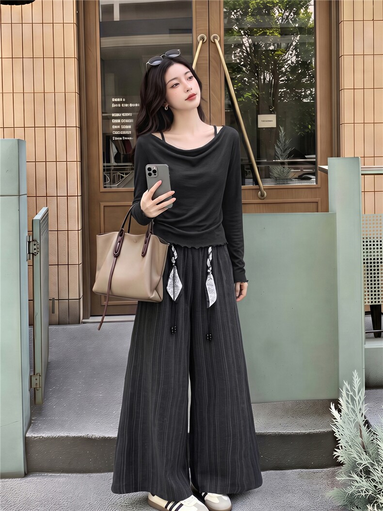 【大量现货】慵懒风收腰上衣条纹阔腿裤套装女松弛感深灰色两件套,女装套装/套裙,韩蔻秀