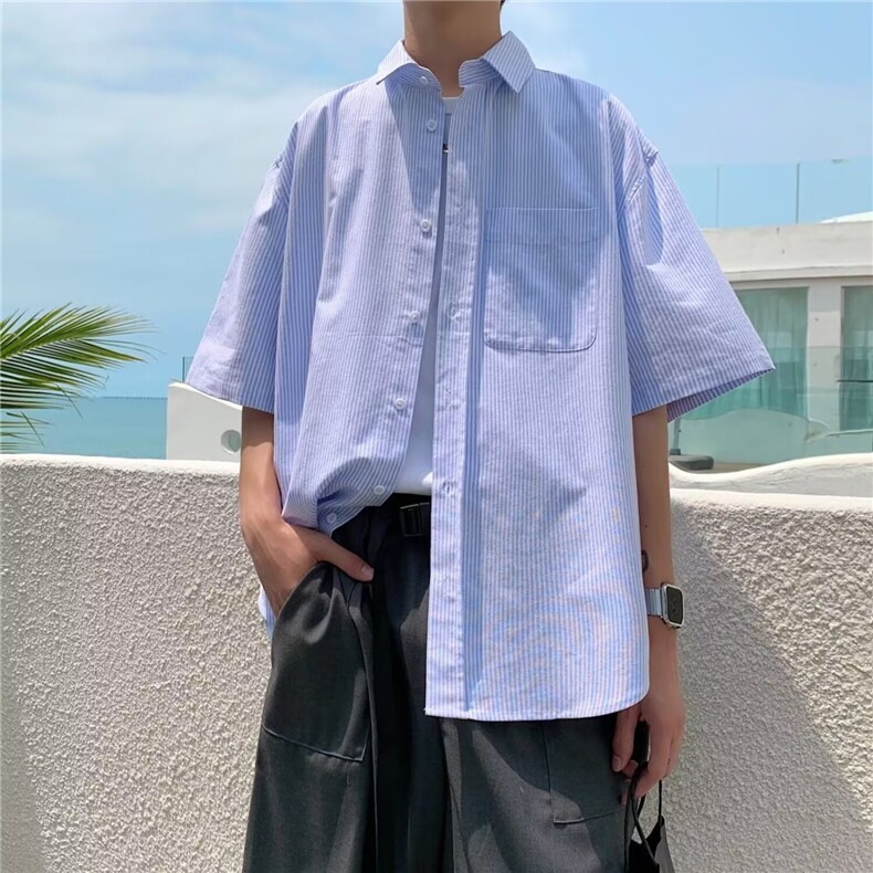 日系蓝条纹短袖衬衫男潮牌少年感宽松休闲衬衣港风上衣外套图片