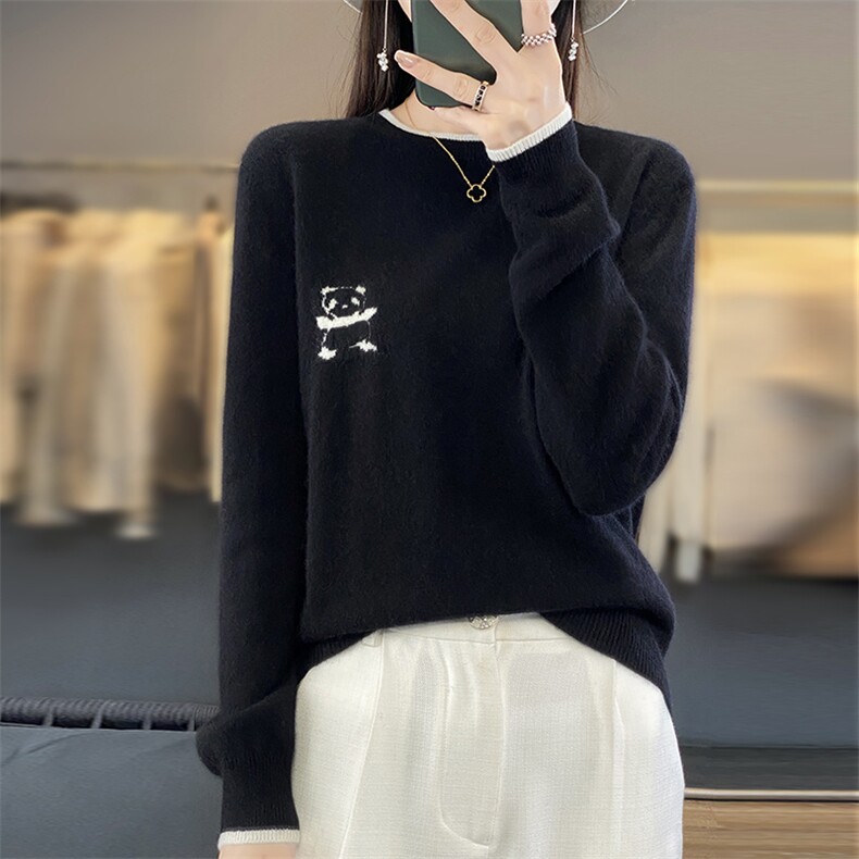 小熊猫嵌花套头长袖圆领2025年秋季羊毛衫,女装羊毛衫,羊秋羊绒