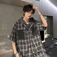 经典格子连帽系带设计口袋撞色潮男休闲衬衫上衣A071-802-P55，男装衬衫，电商A071