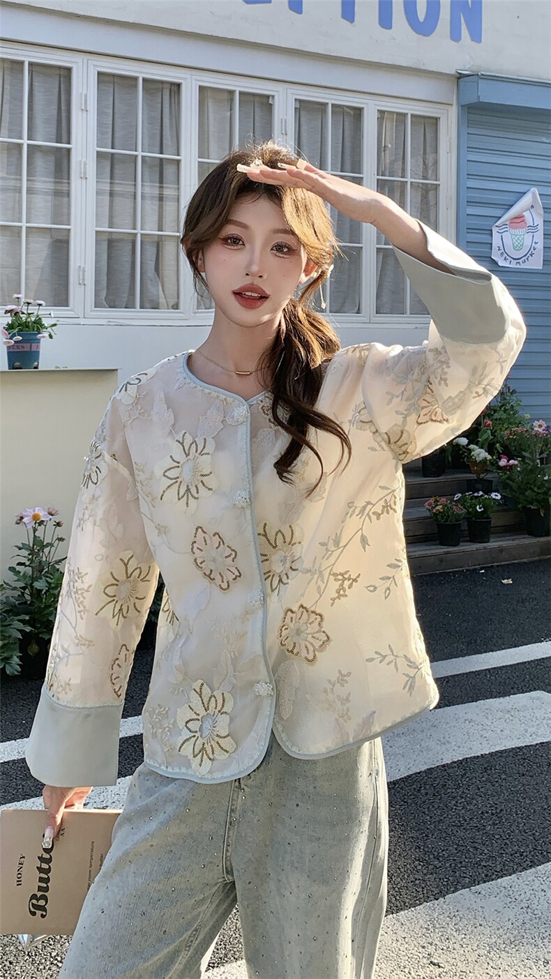 新中式提花刺绣欧根纱防晒外套女2025春夏新款高端洋气设计感开衫,女装短外套,浙宝208A