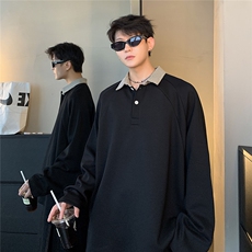 美式复古假两件POLO衫男女秋季格子拼接长袖T恤打底衫W101-P48，男装Polo衫，电商C307