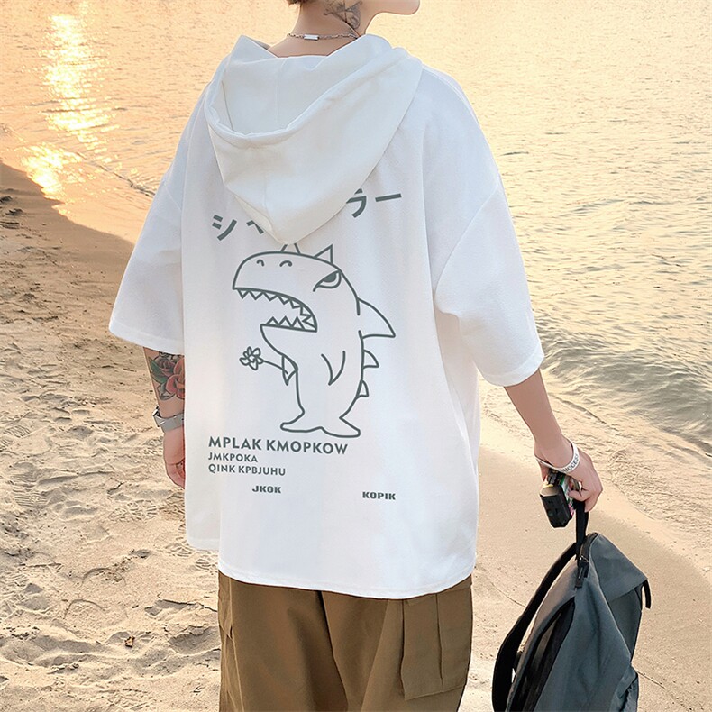 LD54092-P45连帽短袖t恤男大码胖子带帽五分袖中袖,男装T恤,电商A040