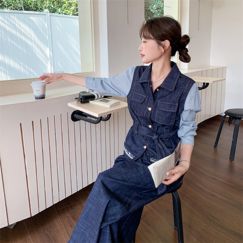 新品621-P195-K318牛仔套装上衣假2件套,女装套装/套裙,2C275
