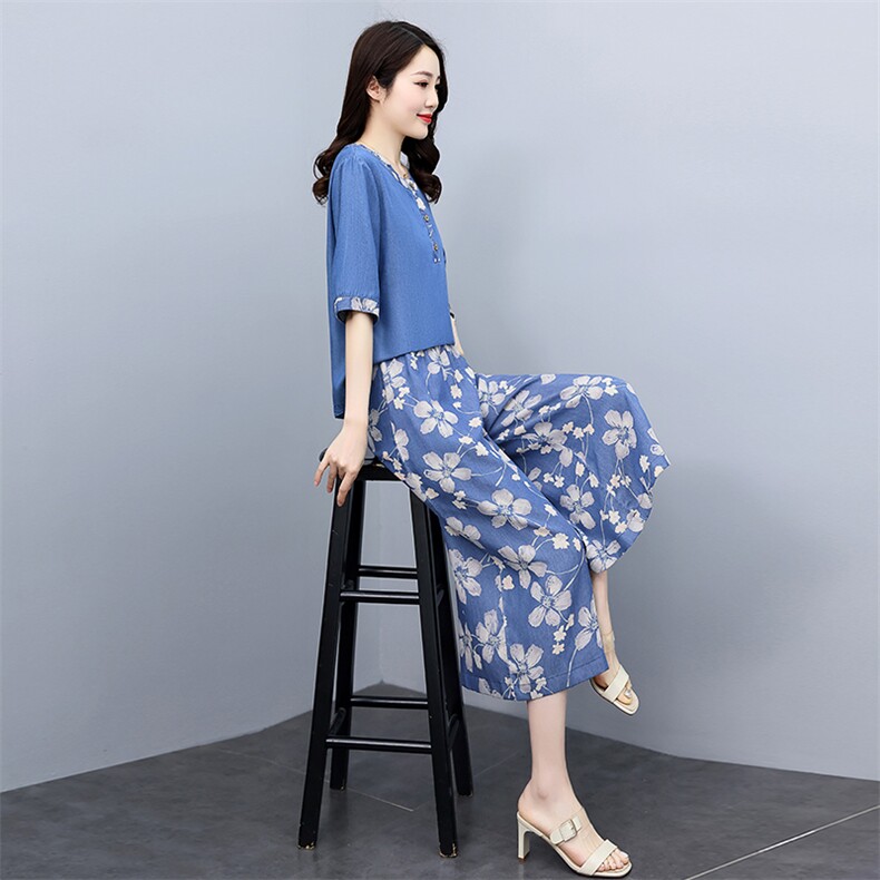 天丝牛仔套装女夏装2024年新款时尚女装休闲气质印花阔腿裤两件套,女装套装/套裙,魅影