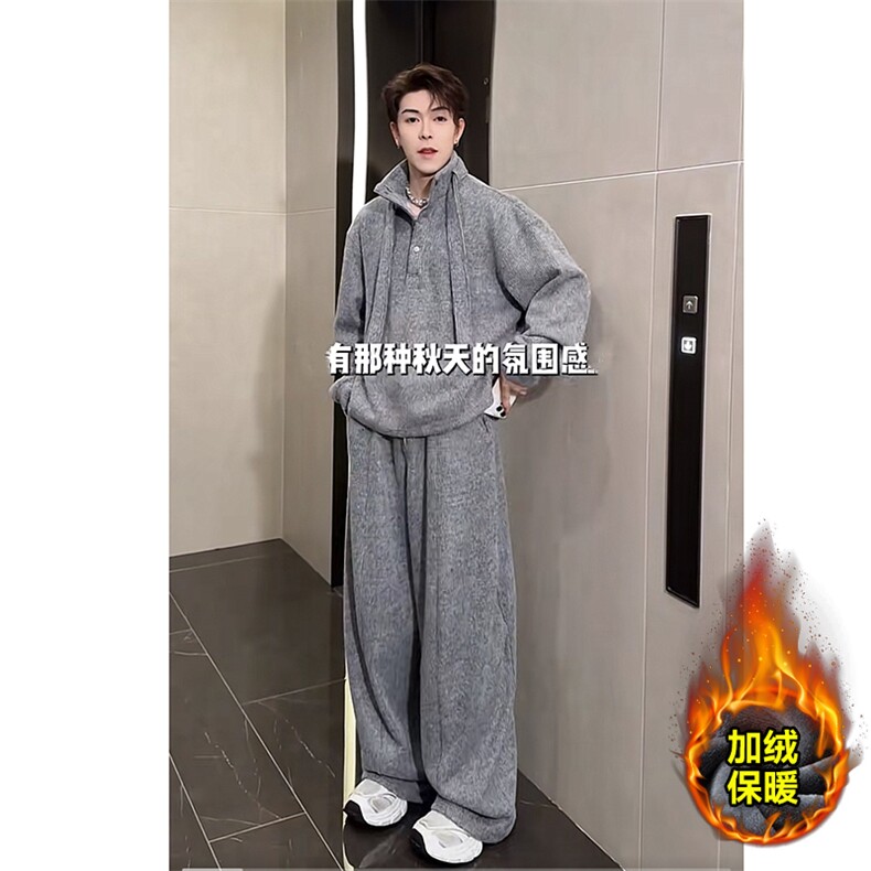 冬季加绒保暖慵懒针织卫衣弯刀裤套装男TZ355上衣81裤子85(网图)，男装T恤，电商B267