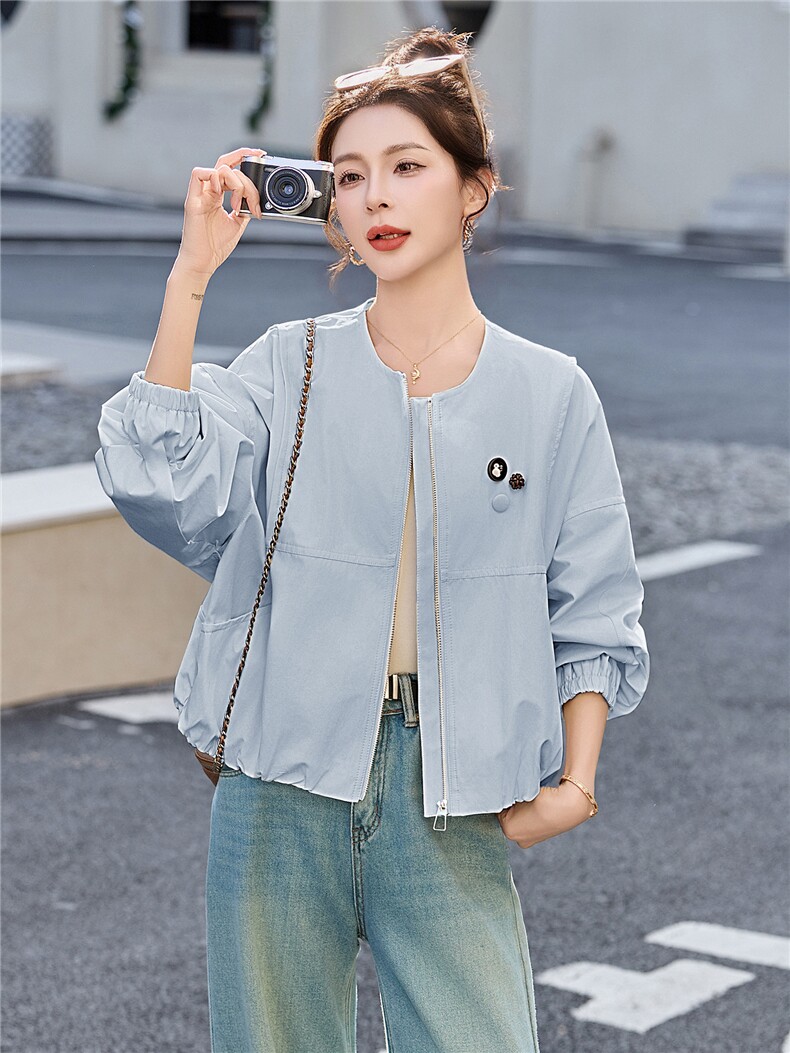短款外套女2026春季新款圆领宽松小个子百搭休闲夹克上衣,女装短外套,恋慕依尚