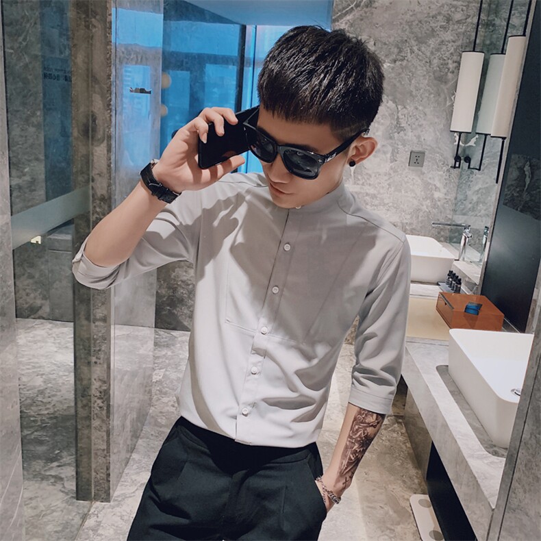 236-P55 2025夏季韩版潮流衬衫立领中袖修身纯色衬衣男图片