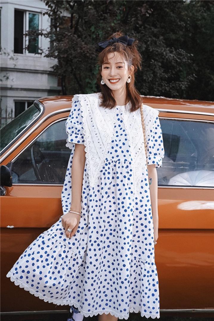 蕾丝领波点连衣裙,女装连衣裙,喜午