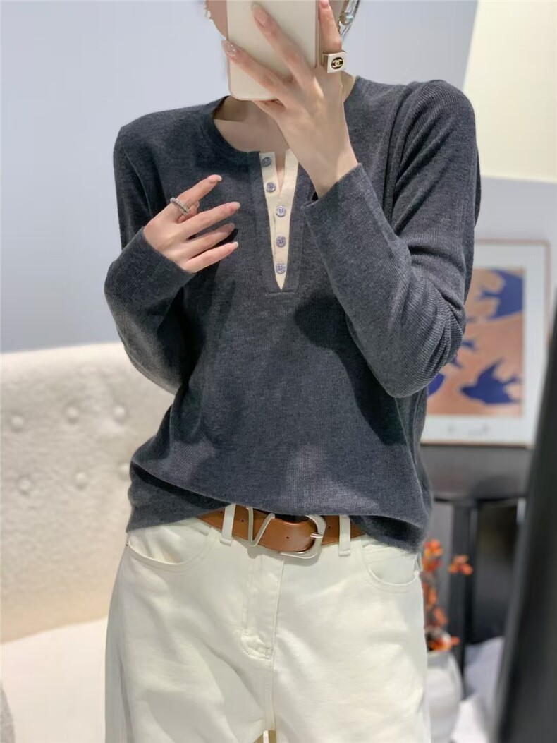 2025时尚百搭精仿羊毛双V圆领长袖，女装针织衫/毛衣，晨旭羊绒