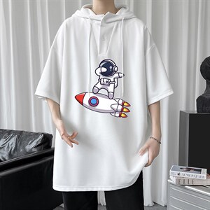 LD54158-P45 连帽短袖t恤男大码胖子带帽五分袖中袖图片