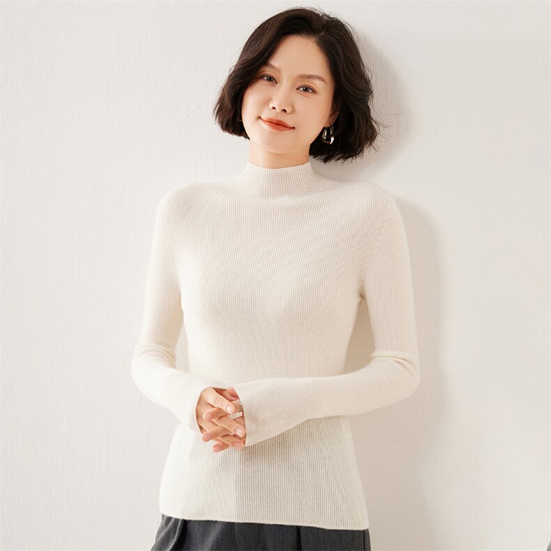 一线成衣无缝软糯感山羊绒衫女半高领抽条修身毛衣针织打底衫上衣,女装羊毛衫,伊绒腾羊绒