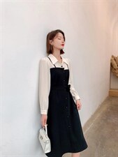 秋冬新款时尚韩版宽松拼色连衣裙，女装连衣裙，荷塘月色