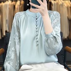 春季新款真丝衬衣女宽松百搭时尚打底衫气质内搭醋酸缎面上衣圆领，女装衬衫，佳绒高端店