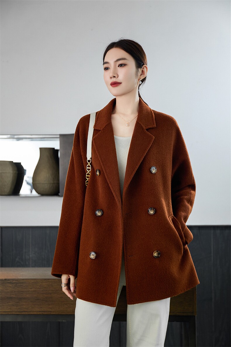 时尚百搭女士双面呢大衣羊毛显瘦修身气质优雅,女装双面呢大衣,岳达羊绒