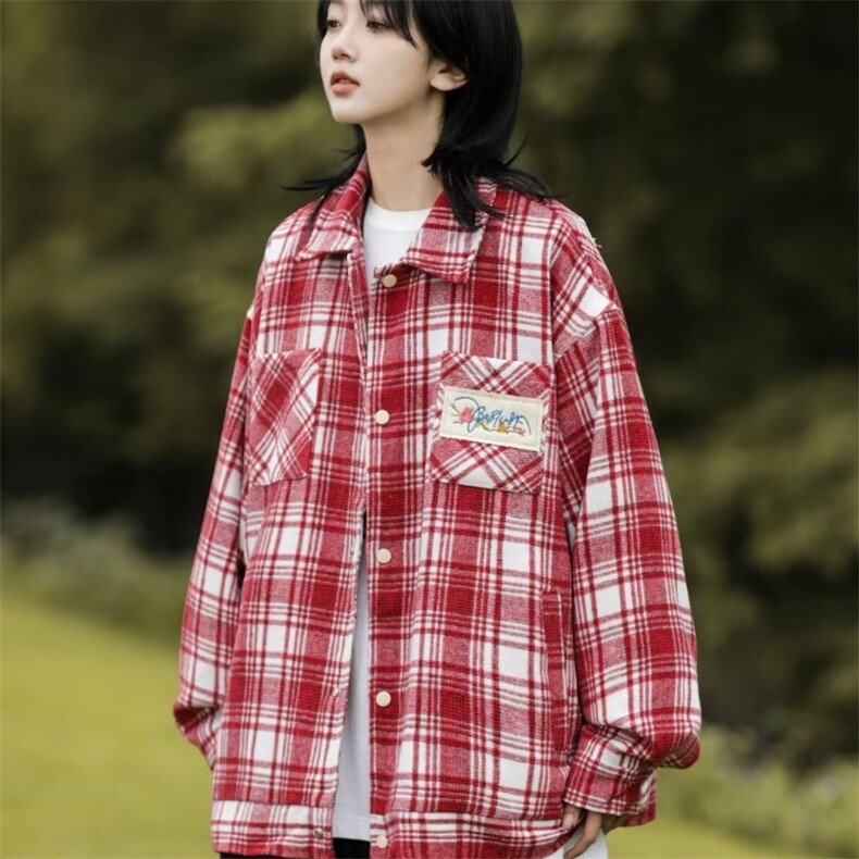春秋高级感小众夹克宽松小个子复古重磅刺绣格子外套男女-S646,男装衬衫,星座601-2