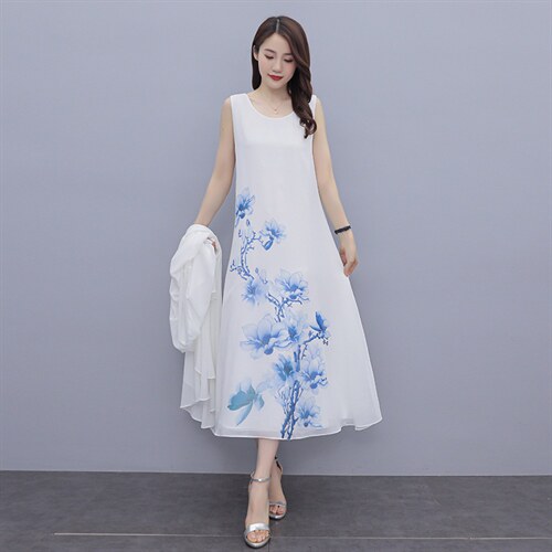 广东十三行连衣裙女大码胖mm显瘦春夏中年妈妈雪纺印花裙，女装连衣裙，秀美人生