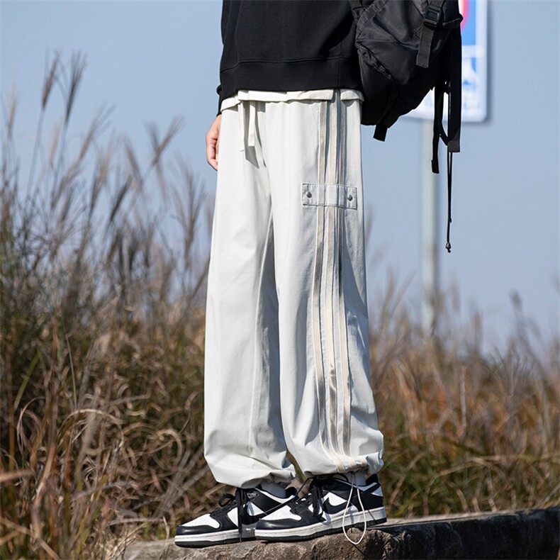 三条杠垂感休闲裤子男春秋美式高街运动卫裤条纹拖地直筒微喇长裤,男装休闲裤,星座209-1
