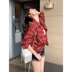 红格纹长袖衬衣女宽松外穿衬衫复古春秋百搭休闲上衣，男装衬衫，星座1210-1