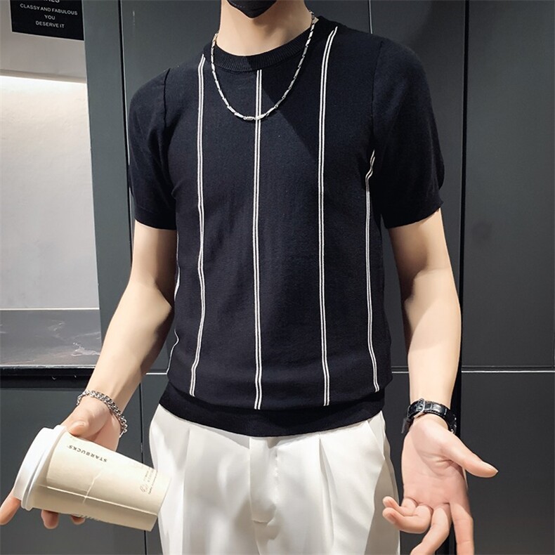 夏季新款冰丝针织短袖T恤男修身时尚社会条纹半袖打底衫M860,男装T恤,星座1116A-2（原606A-1）