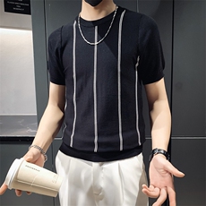 夏季新款冰丝针织短袖T恤男修身时尚社会条纹半袖打底衫M860，男装T恤，星座1116A-2（原606A-1）