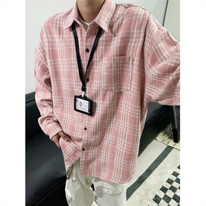 现货~磨毛格子大码长袖衬衫 C5891/特P25 粉红色图片