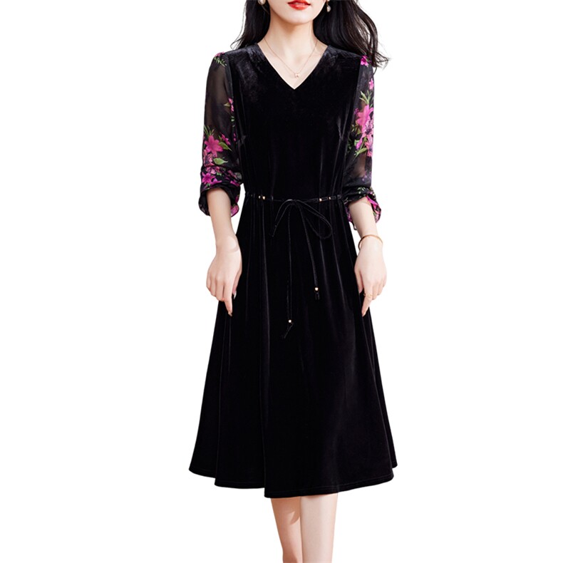 现货-新品】春装金丝绒连衣裙2024年中长款显瘦V领中长款裙子,女装连衣裙,仁梯