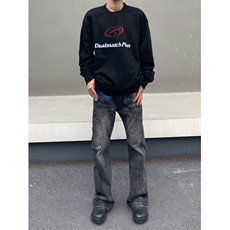 高街复古多口袋做旧拼接牛仔裤宽松直筒阔腿裤子K6085-P50网络图，男装牛仔裤，电商B245