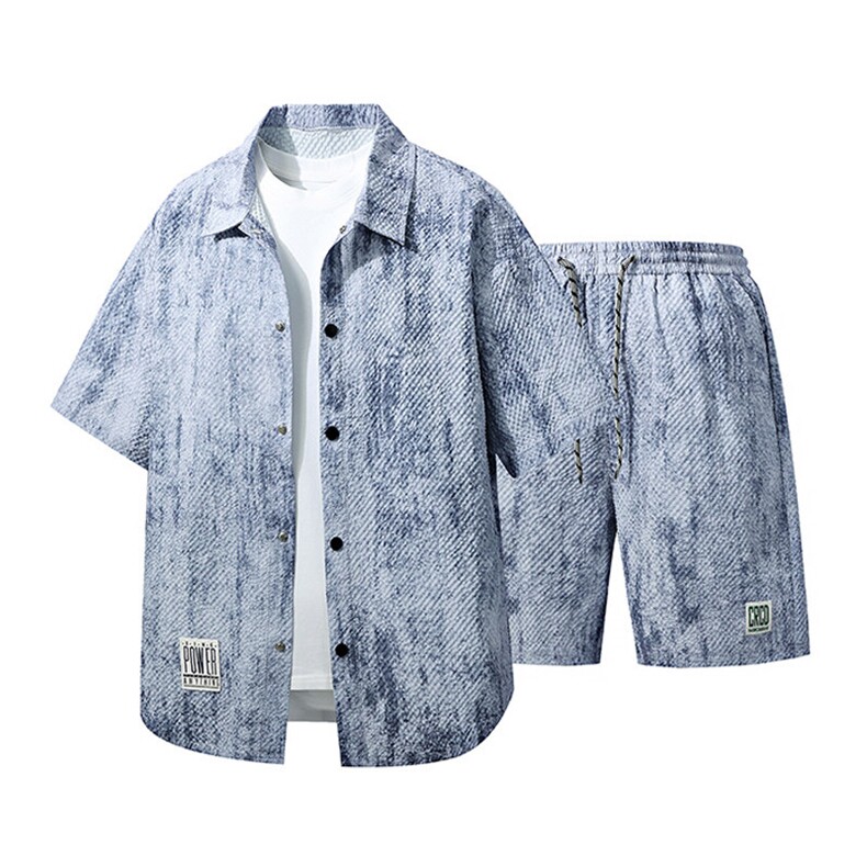 得物立体套装夏季潮牌痞帅宽松印花短袖衬衫两件套A436-T10-P60,男装衬衫,电商A436