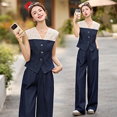 休闲时尚牛仔马甲套装女2025夏季新款气质高腰阔腿裤三件套，女装套装/套裙，伊仟回