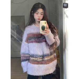冬季小众慵懒风针织衫套头毛衣男女款宽松痞帅拼接打底衫 MY9529图片