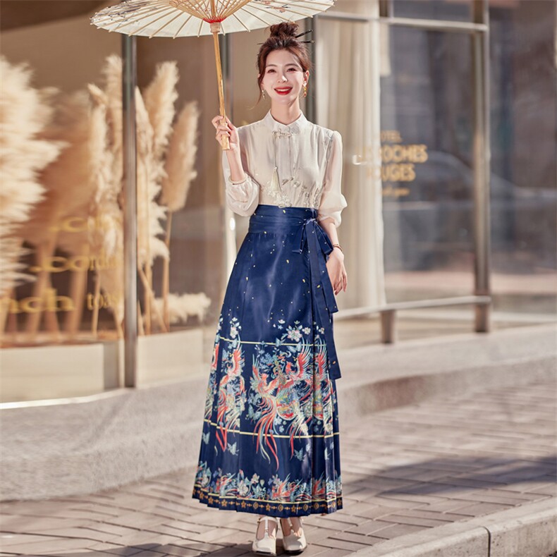 新中式改良马面裙女2024春高腰显瘦中国风印花百褶汉服半身裙套装,女装套装/套裙,采品优优