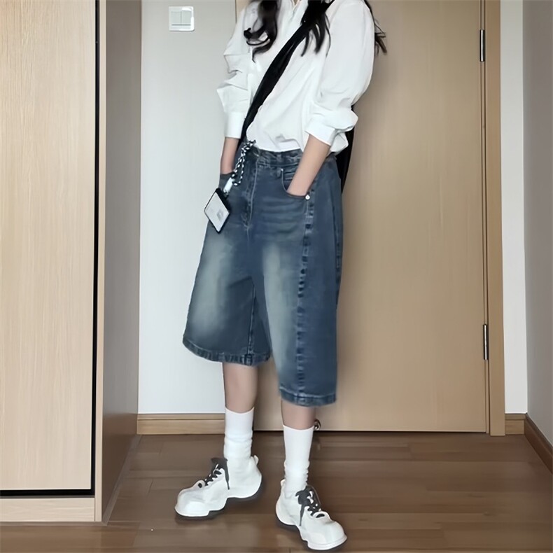 七分裤女夏薄款2025新款大码胖mm遮胯显瘦阔腿宽松小个子直筒中裤,男装牛仔裤,星座506A