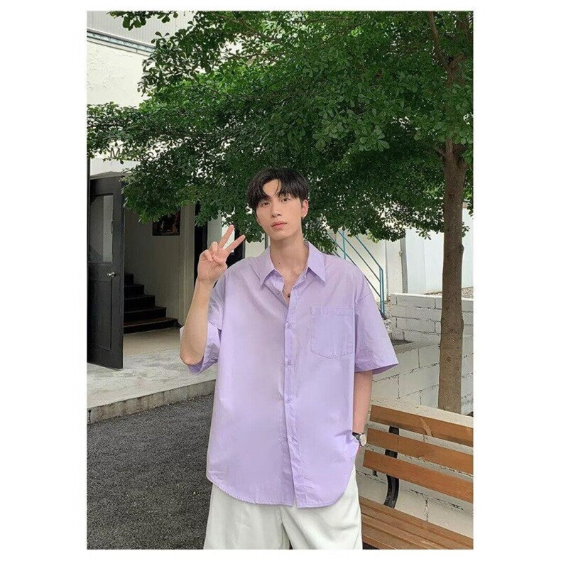 Q100/P40复古衬衫男夏装港风学生宽松纯色短袖衬衣男装上衣,男装衬衫,星座1506