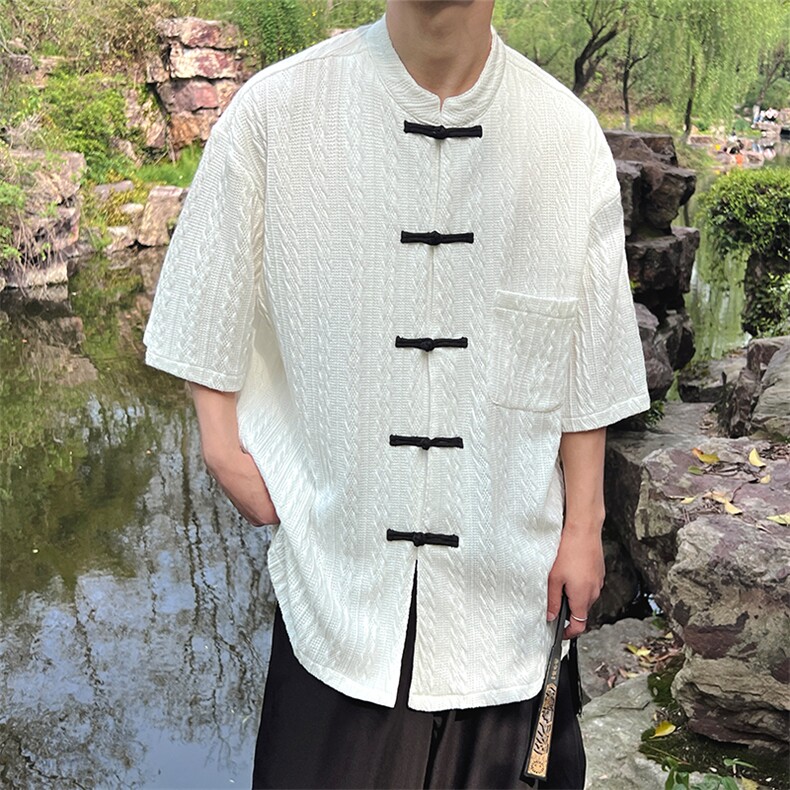 重磅针织新中式立领盘扣撞色镂空纹中袖衬衫T182-P60,男装衬衫,电商A021