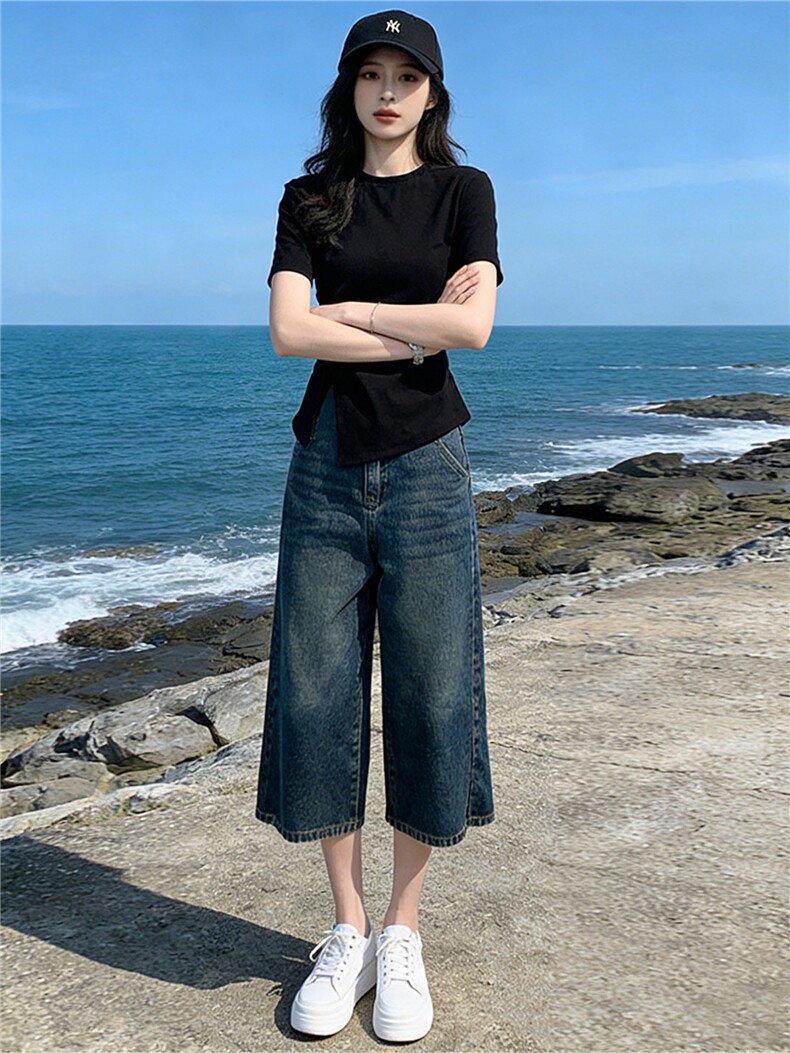 时尚简约套装女夏季新款收腰显瘦圆领开叉短袖阔腿牛仔中裤两件套,女装套装/套裙,江南
