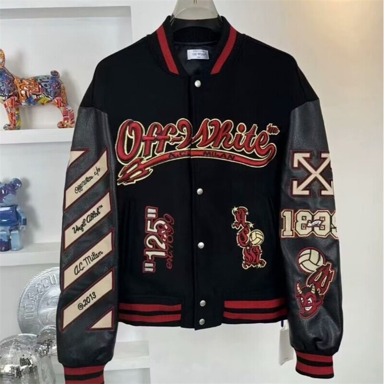 W9435-P80 网图现货 新款刺绣拼皮棒球服欧美潮牌街头夹克外套图片