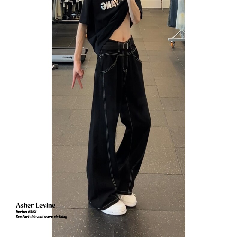 网图现货辑明线轮廓设计黑色牛仔裤男女同款阔腿直筒裤RB924-P58，男装牛仔裤，星座1005-4