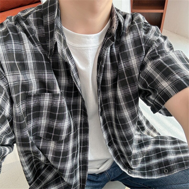 短袖衬衫男韩版休闲小众格子衬衣夏季时尚百搭外套907特价35,男装衬衫,星座710