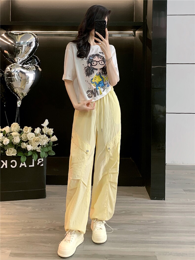 女夏季潮流时尚套装宽松显瘦圆领卡通印花T恤阔腿工装长裤两件套,女装套装/套裙,江南
